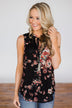 I'll Be There Floral Neck Tie Tank Top- Black