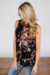 I'll Be There Floral Neck Tie Tank Top- Black