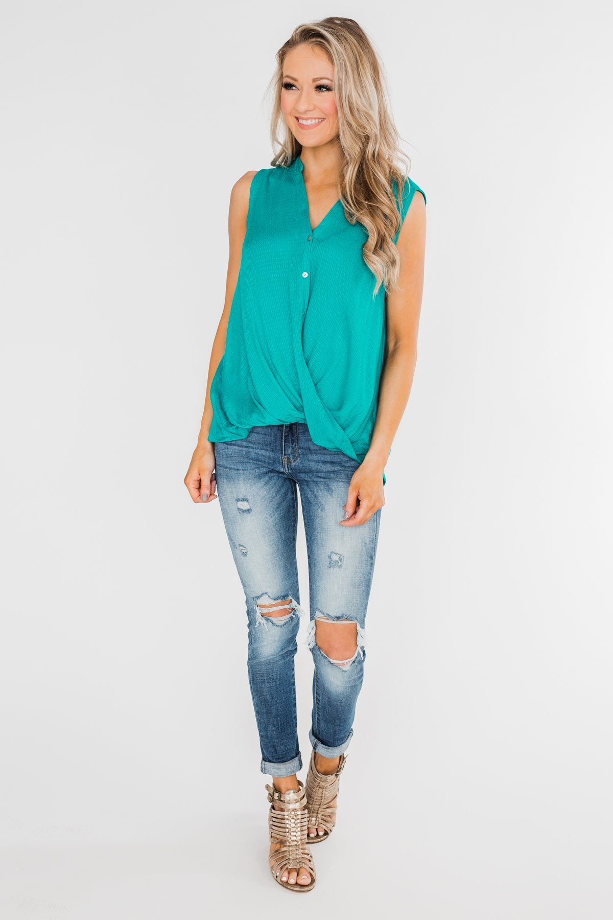 Anywhere With You Twist Tank Top- Turquoise