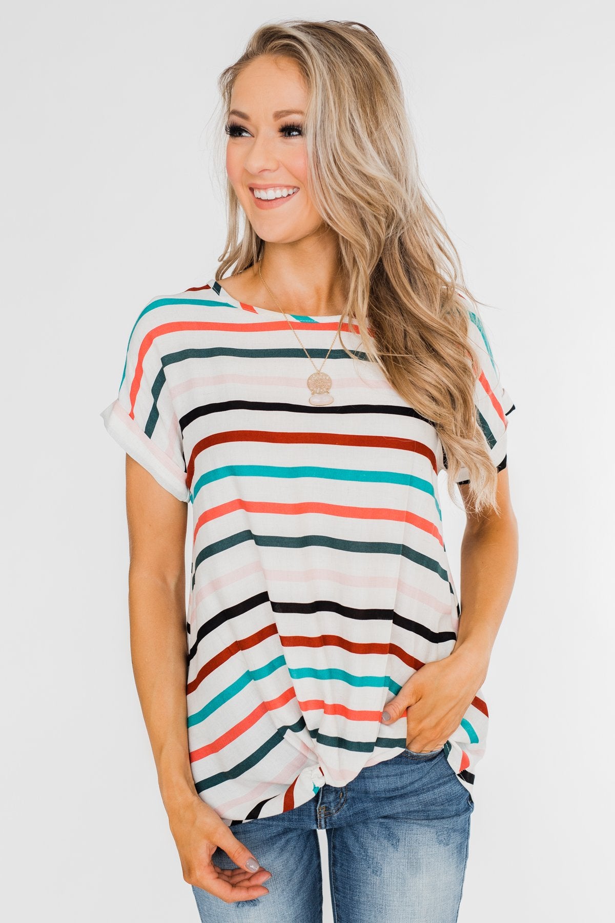 Caught Me Happy Striped Knot Top- Multi-Colored