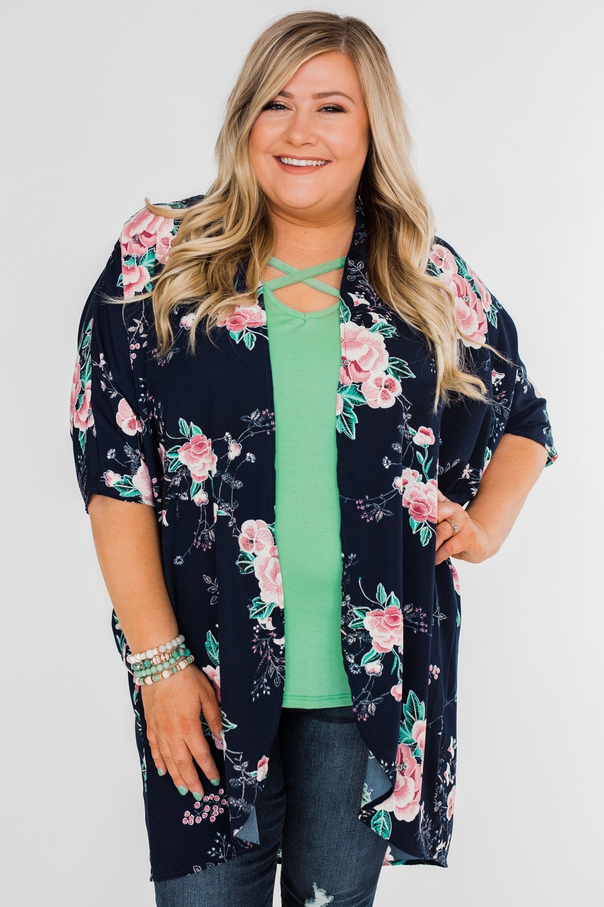 Start With Forever Floral Kimono- Navy