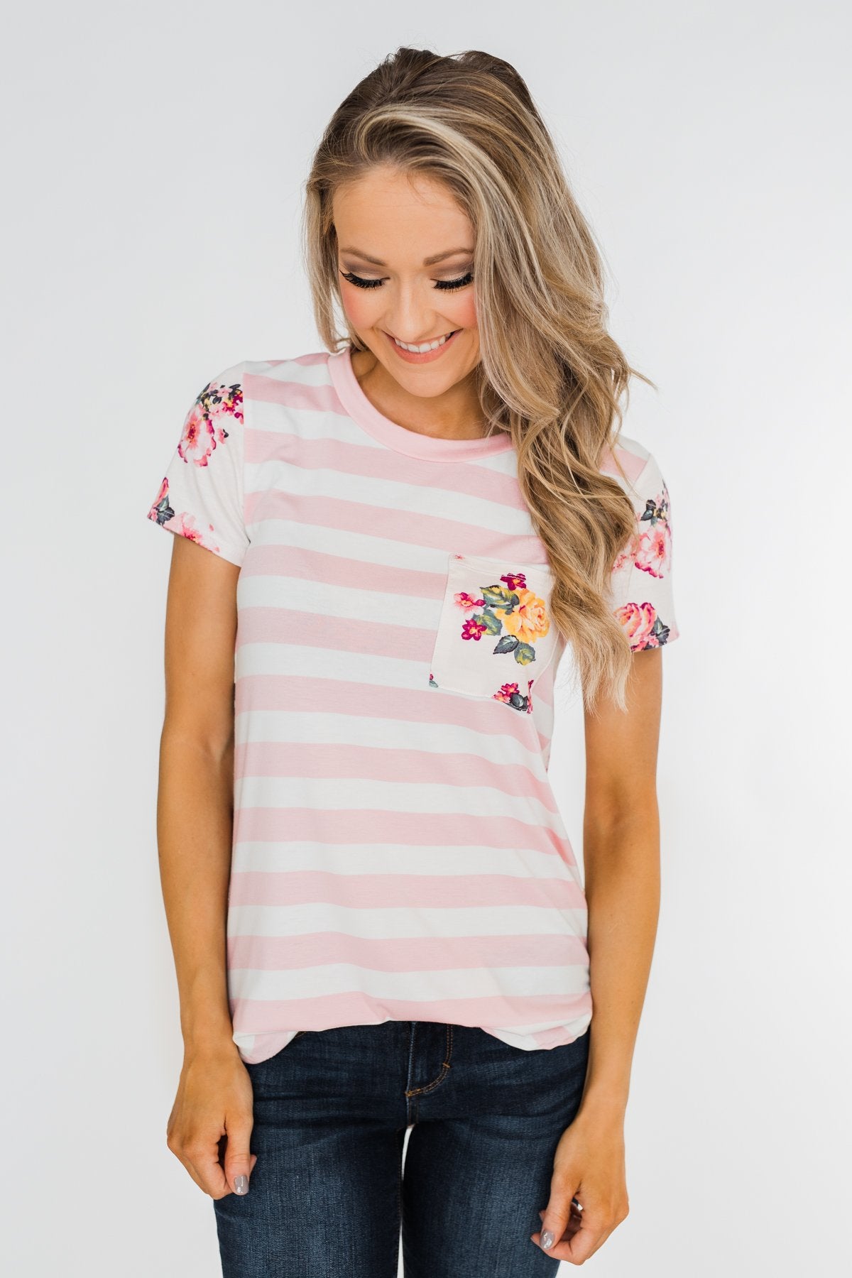 *2nds* Floral & Striped Pocket Top- Blush