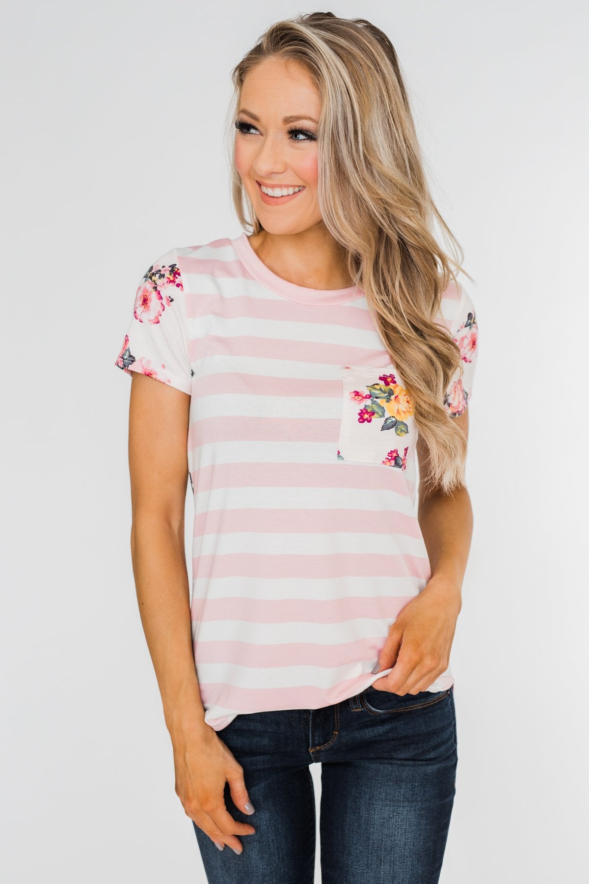 *2nds* Floral & Striped Pocket Top- Blush