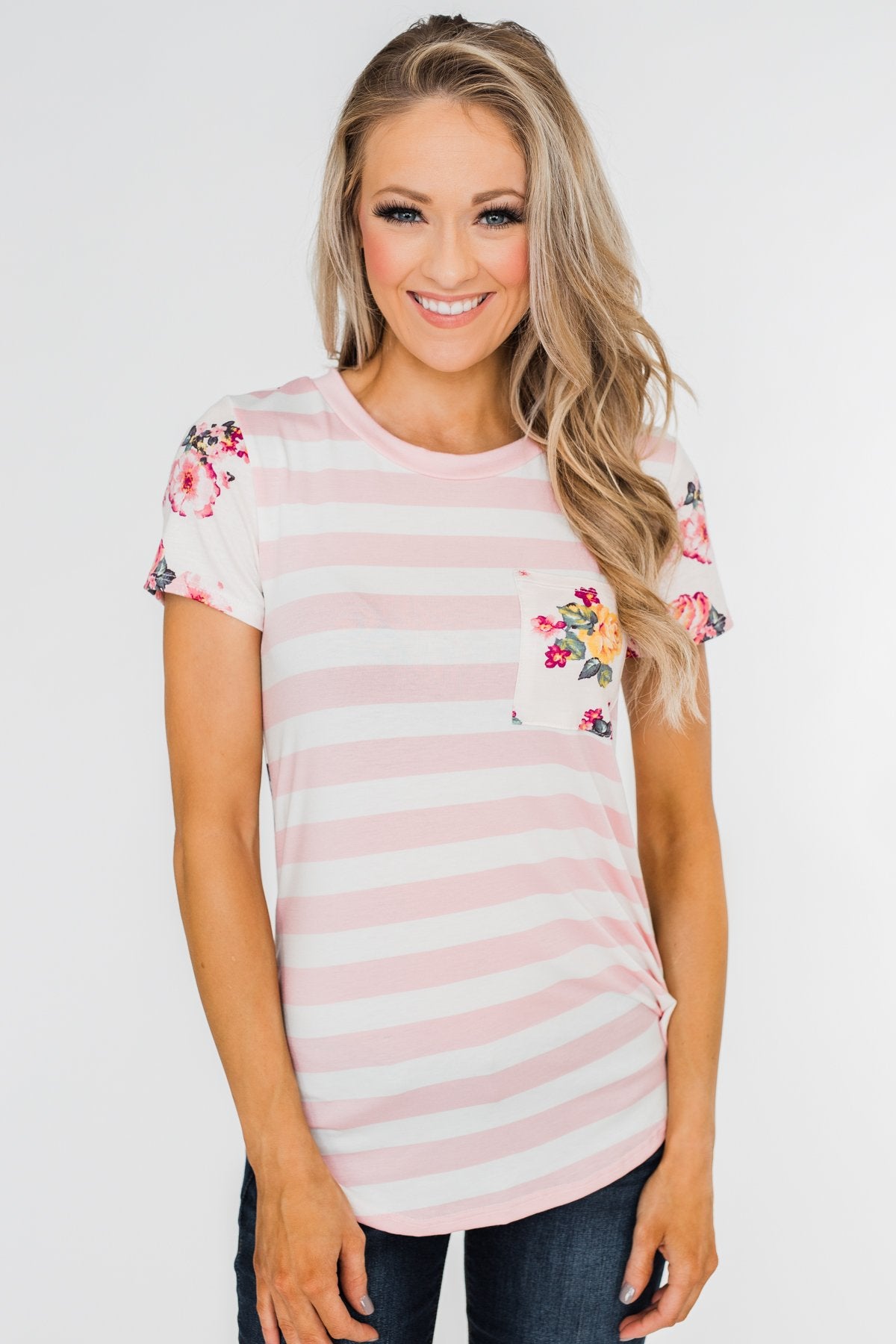 *2nds* Floral & Striped Pocket Top- Blush