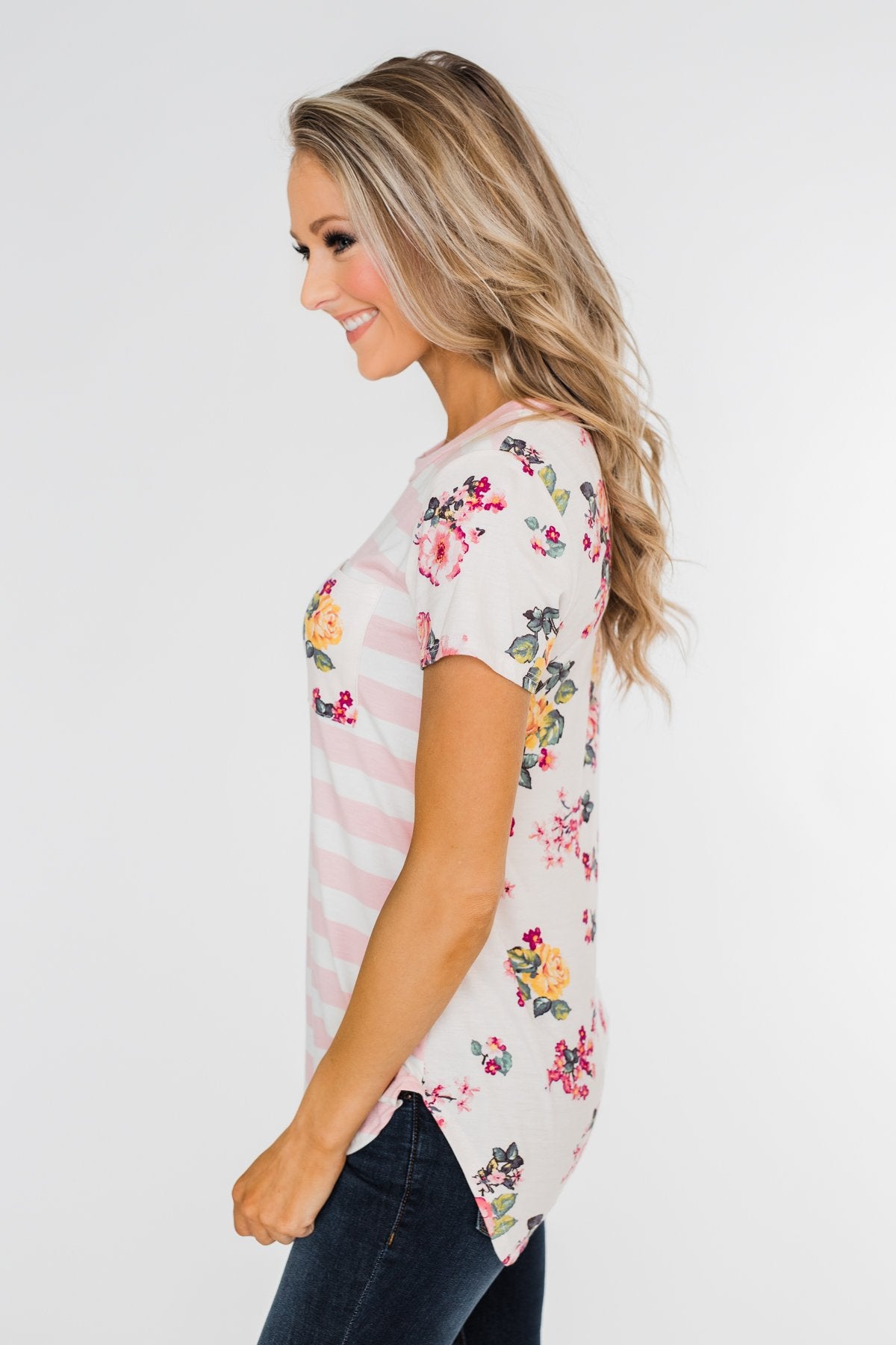 *2nds* Floral & Striped Pocket Top- Blush