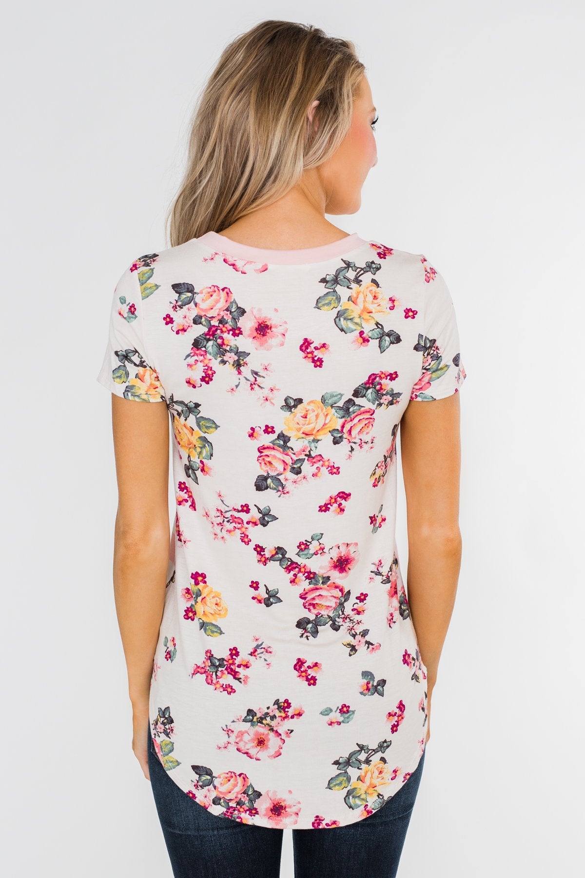 *2nds* Floral & Striped Pocket Top- Blush