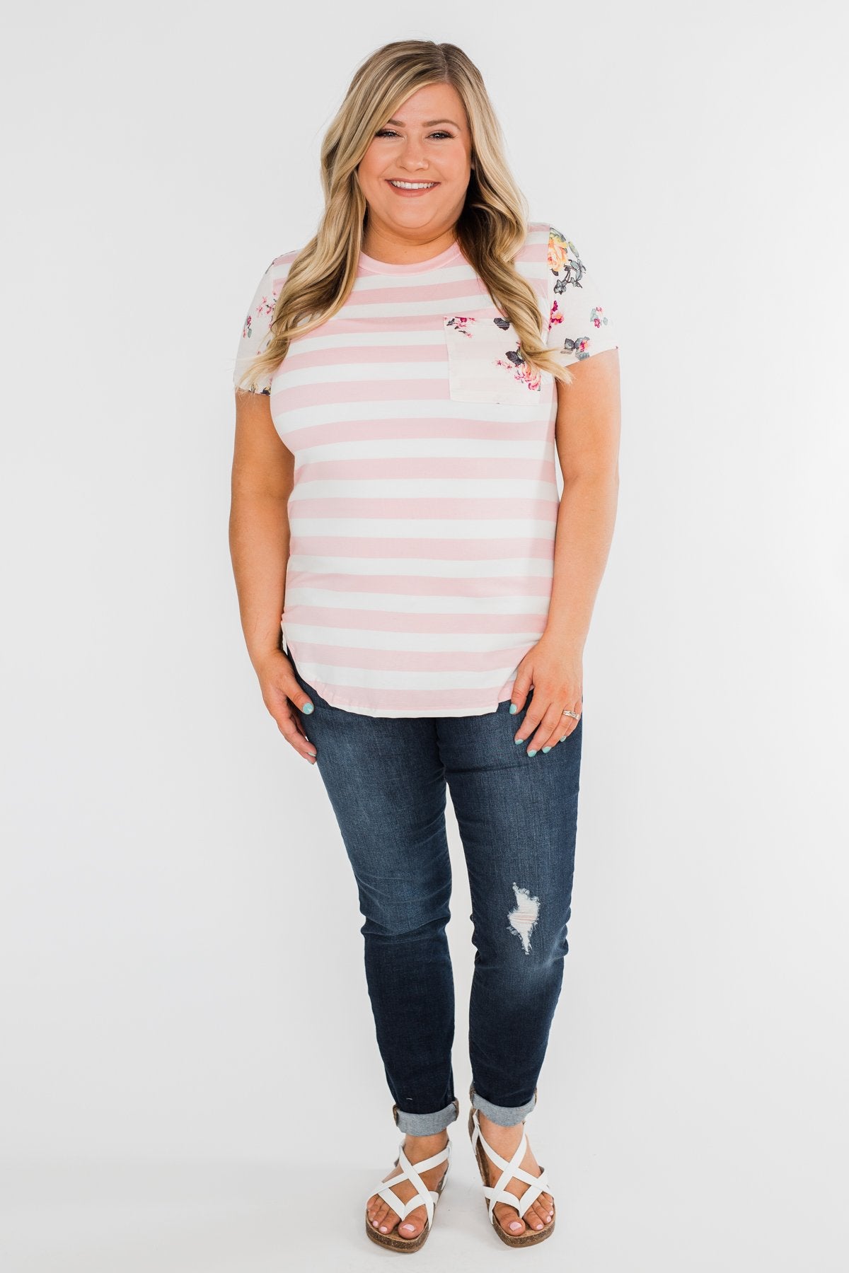 *2nds* Floral & Striped Pocket Top- Blush