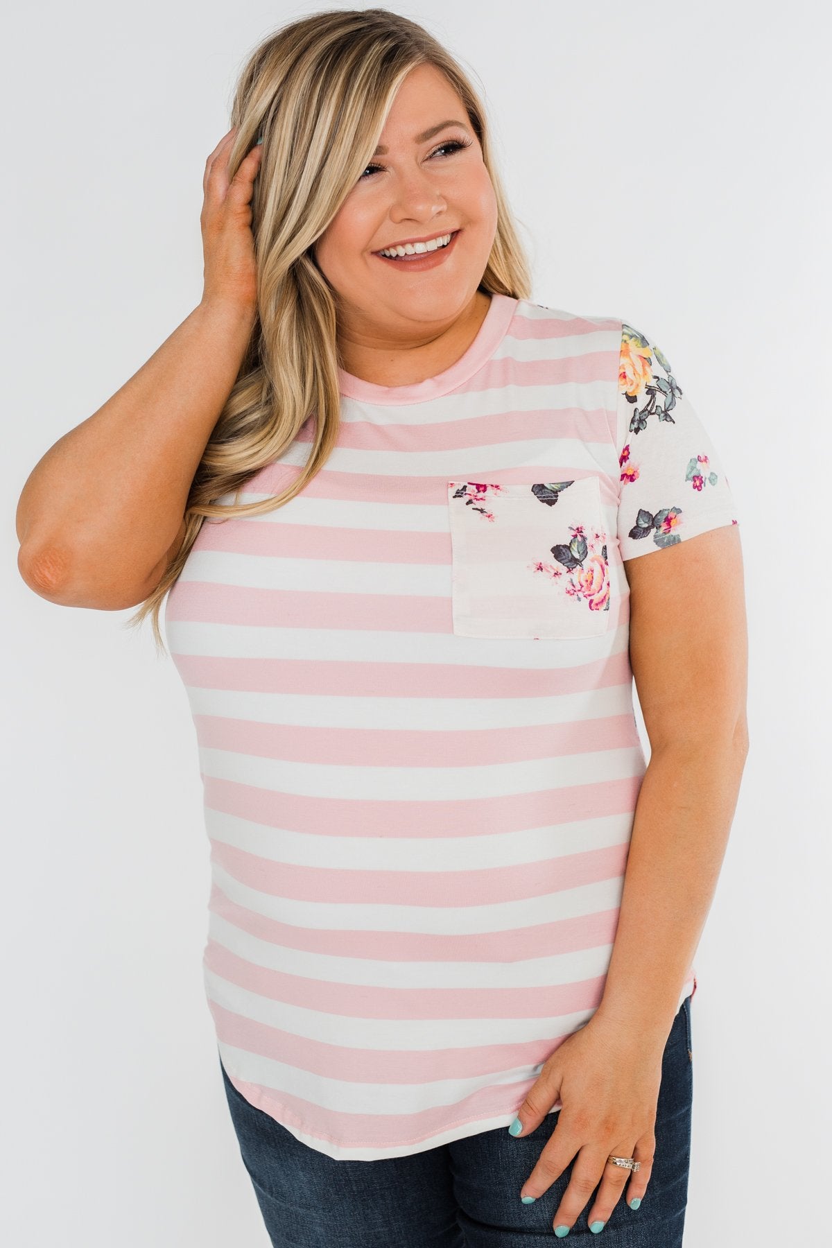 *2nds* Floral & Striped Pocket Top- Blush
