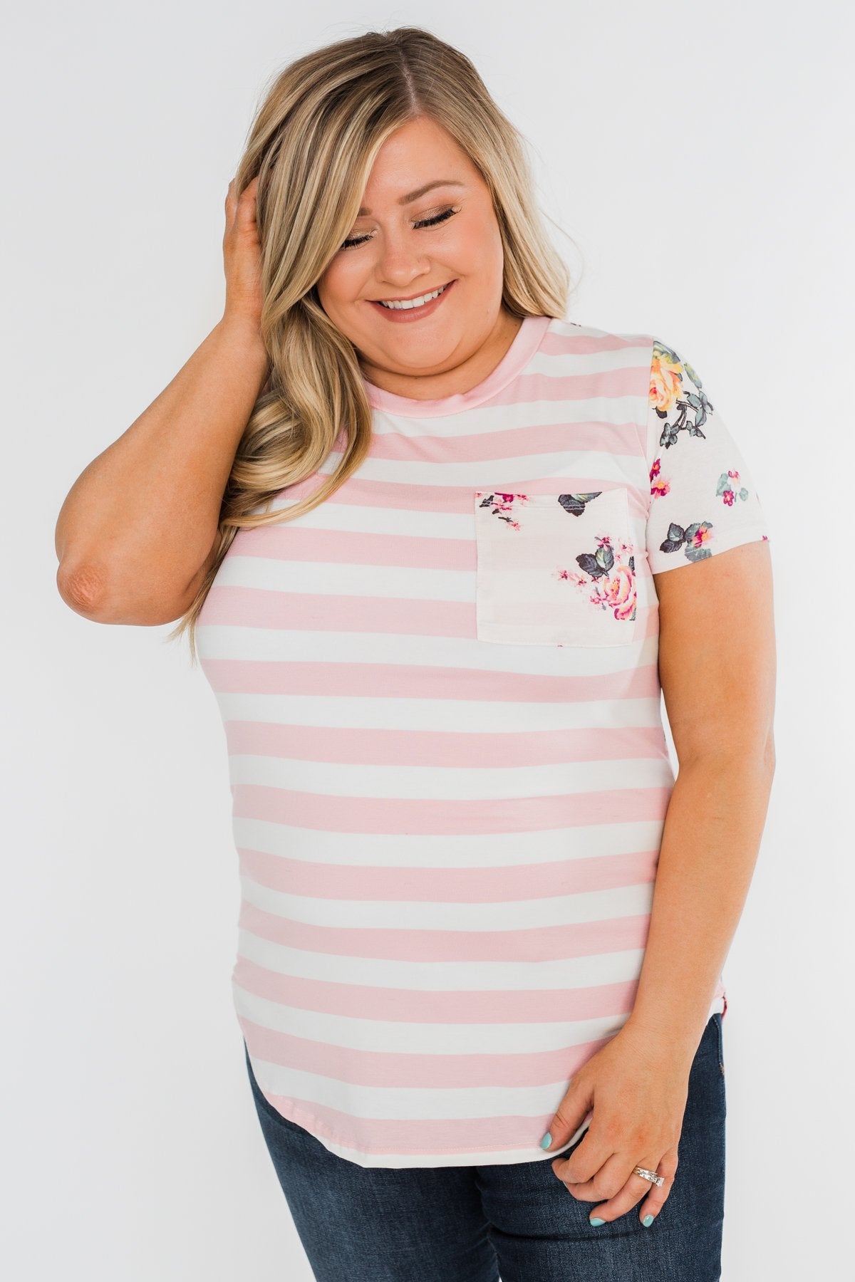 *2nds* Floral & Striped Pocket Top- Blush