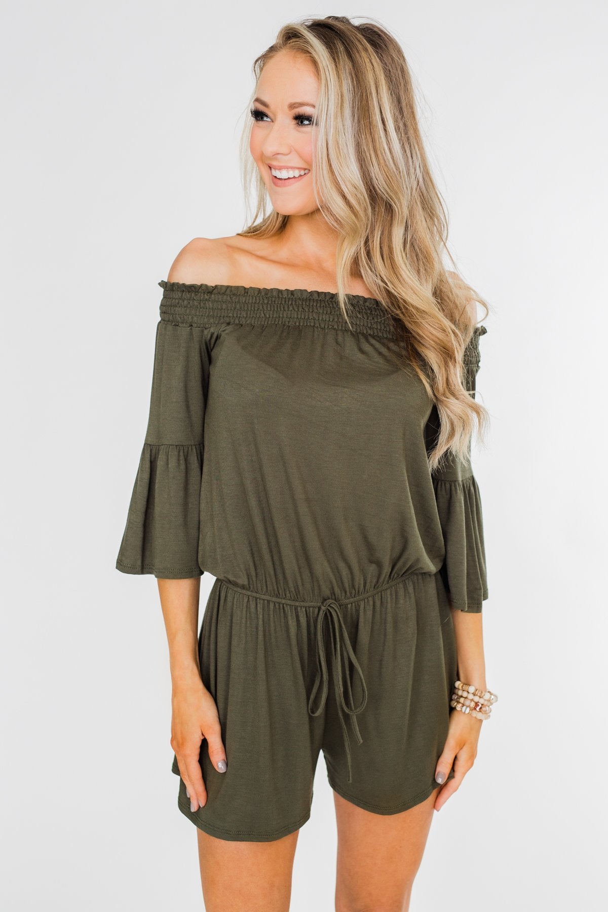 Never Better Off The Shoulder Romper- Olive