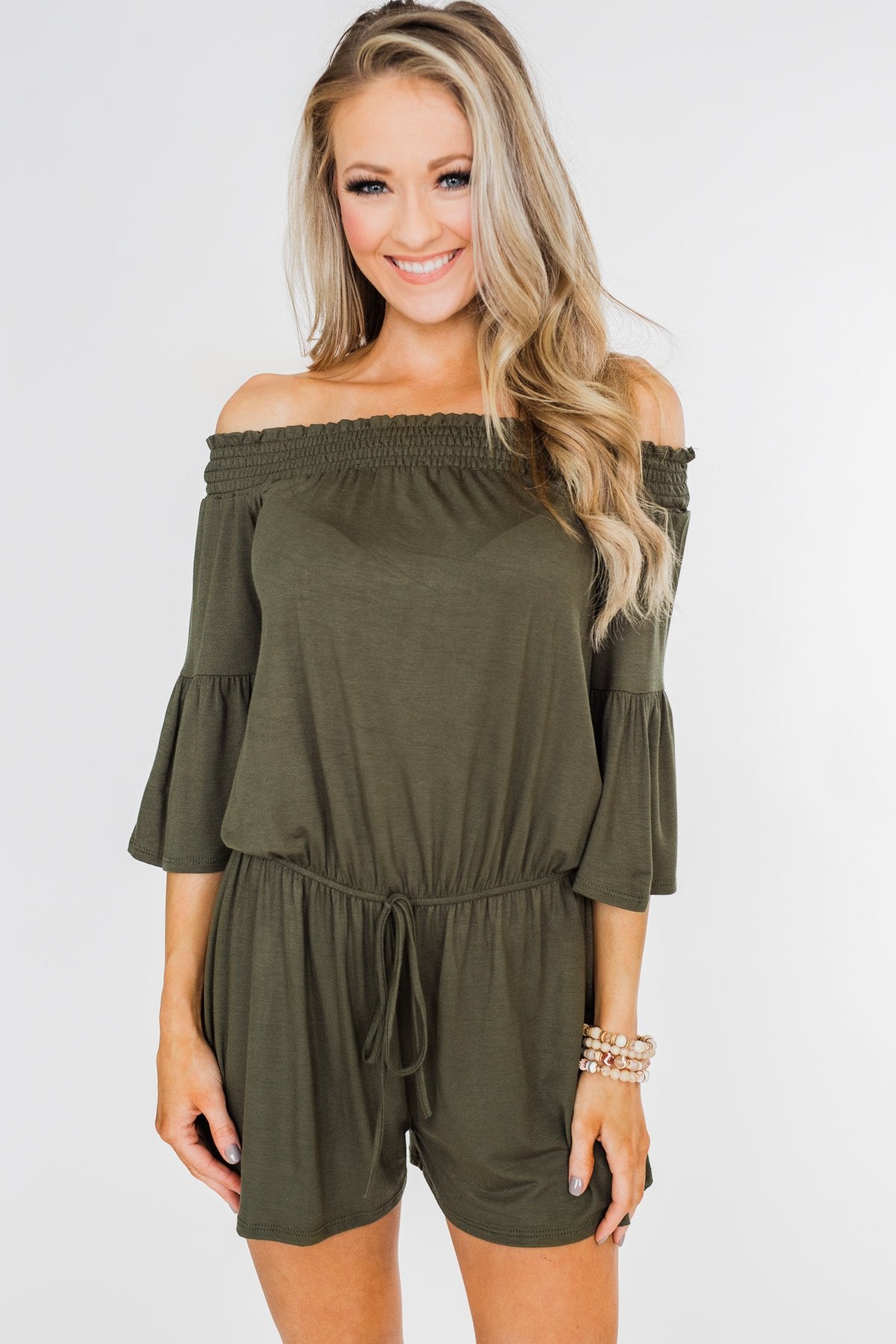 Never Better Off The Shoulder Romper- Olive