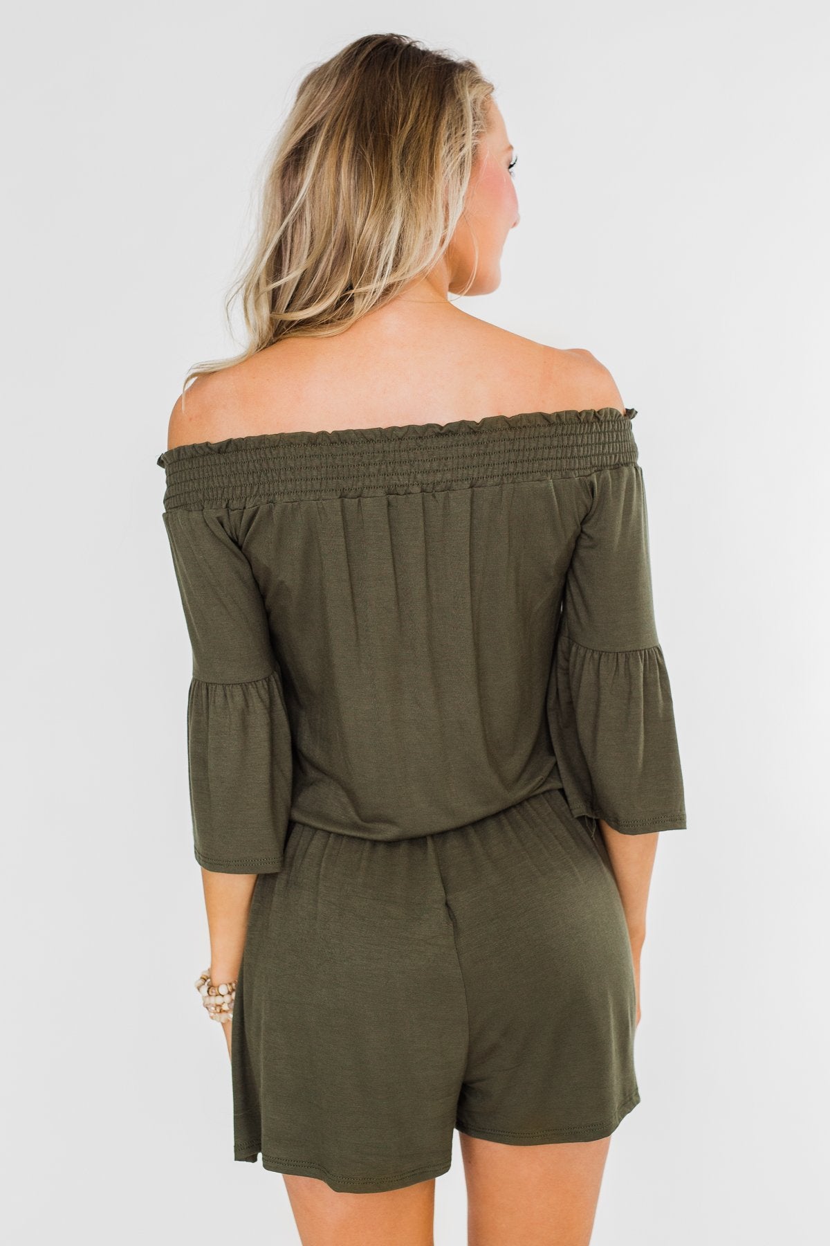Never Better Off The Shoulder Romper- Olive