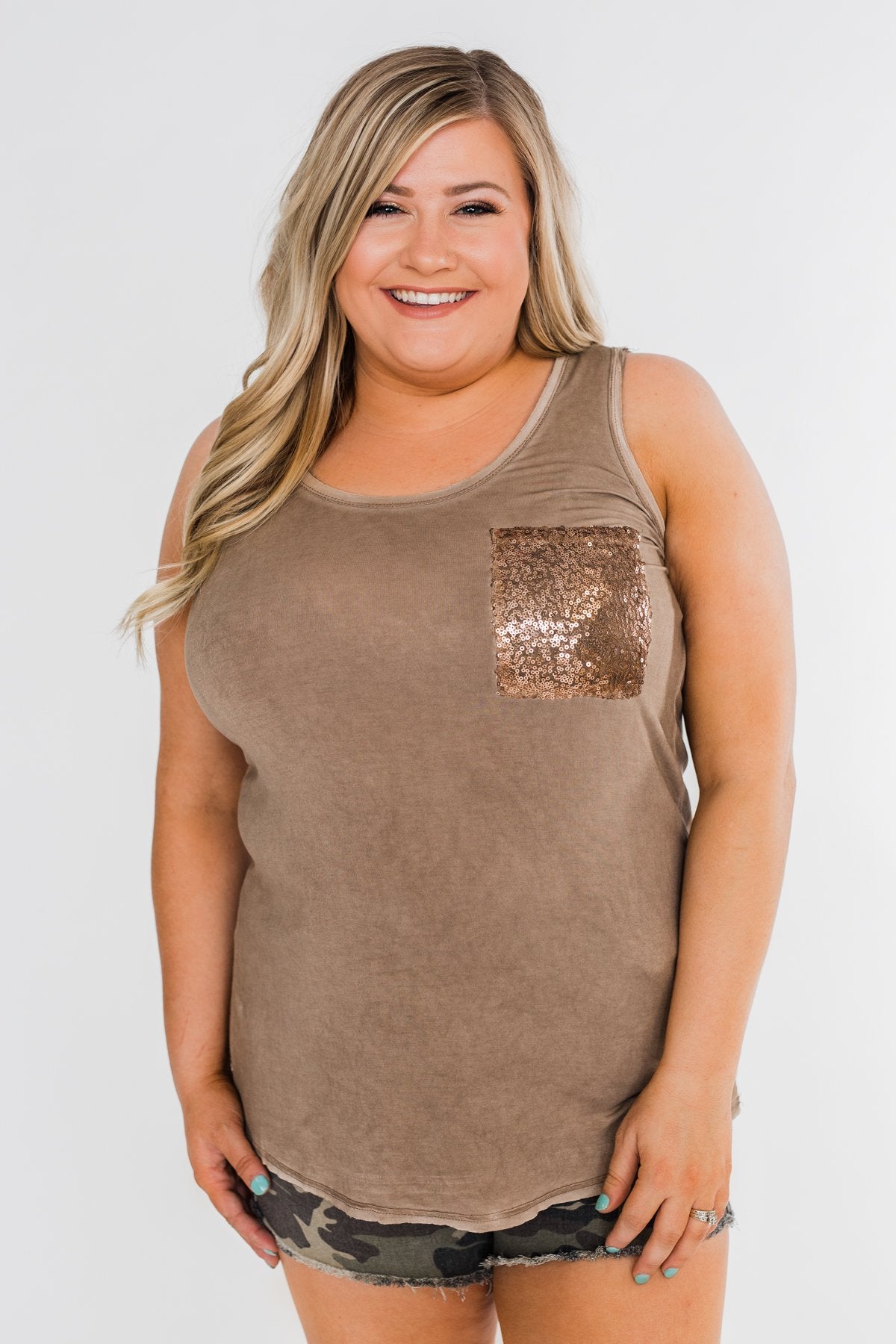 Take Me Back Sequin Pocket Top- Mocha