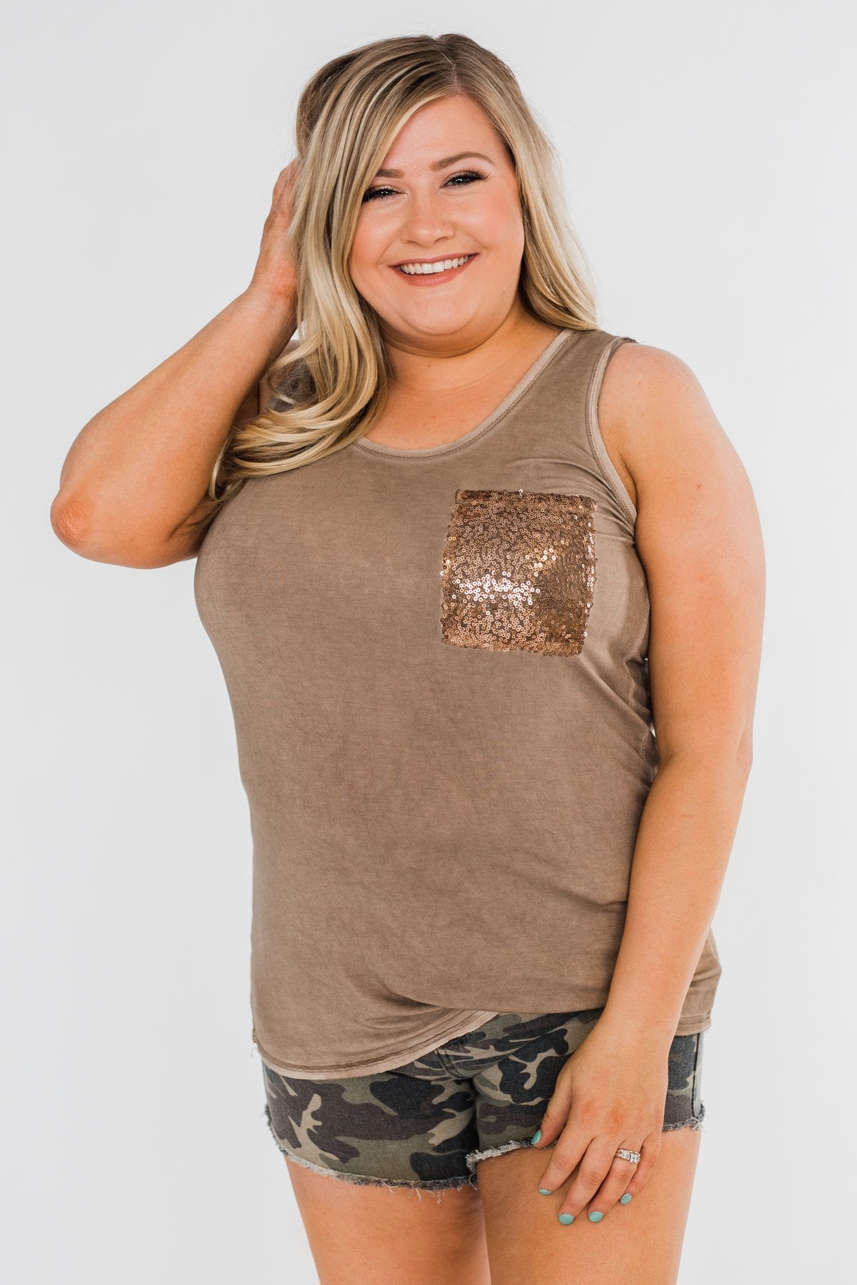 Take Me Back Sequin Pocket Top- Mocha