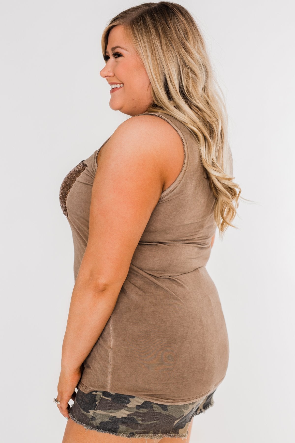 Take Me Back Sequin Pocket Top- Mocha