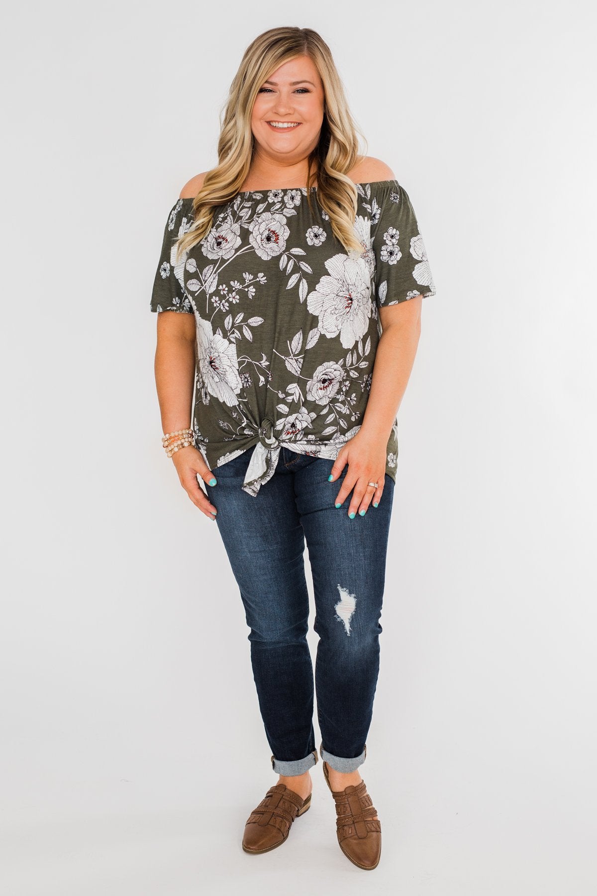 Sketch of You Floral Off The Shoulder Top- Olive