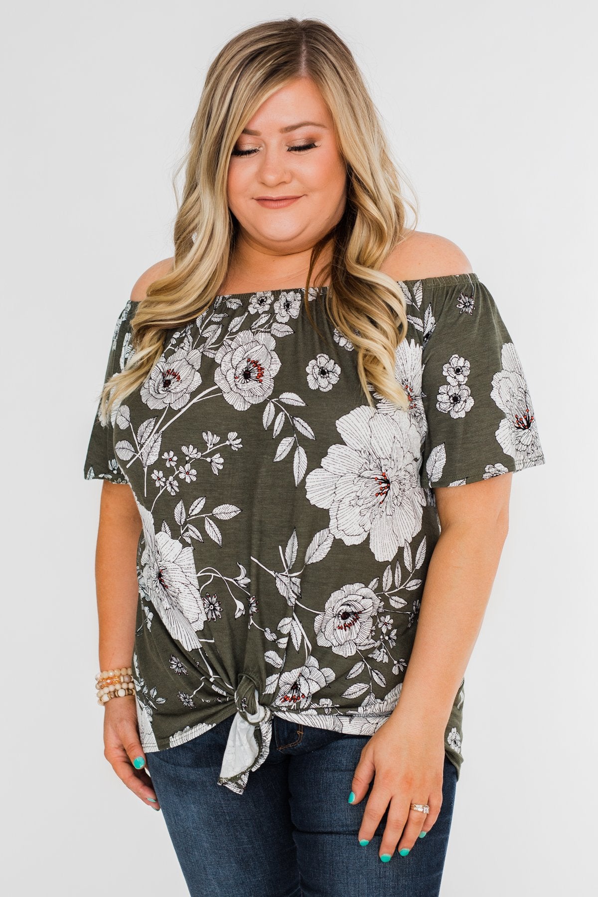 Sketch of You Floral Off The Shoulder Top- Olive