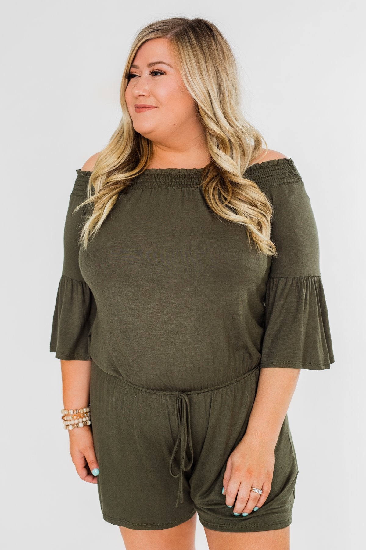 Never Better Off The Shoulder Romper- Olive