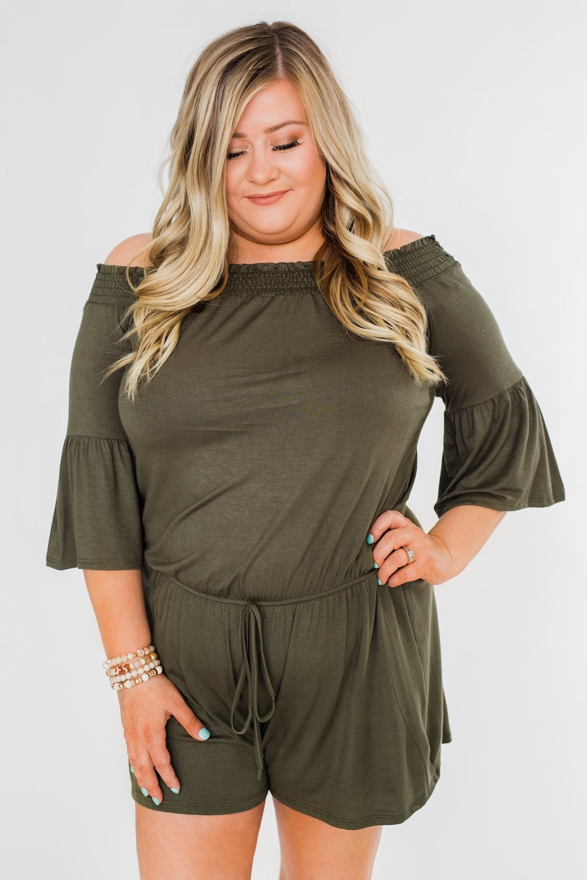 Never Better Off The Shoulder Romper- Olive