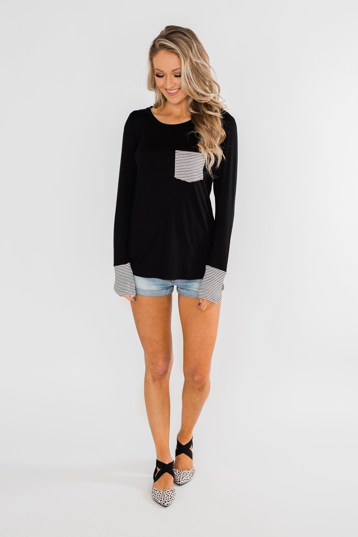Special to Me Striped Detail Long Sleeve Top- Black