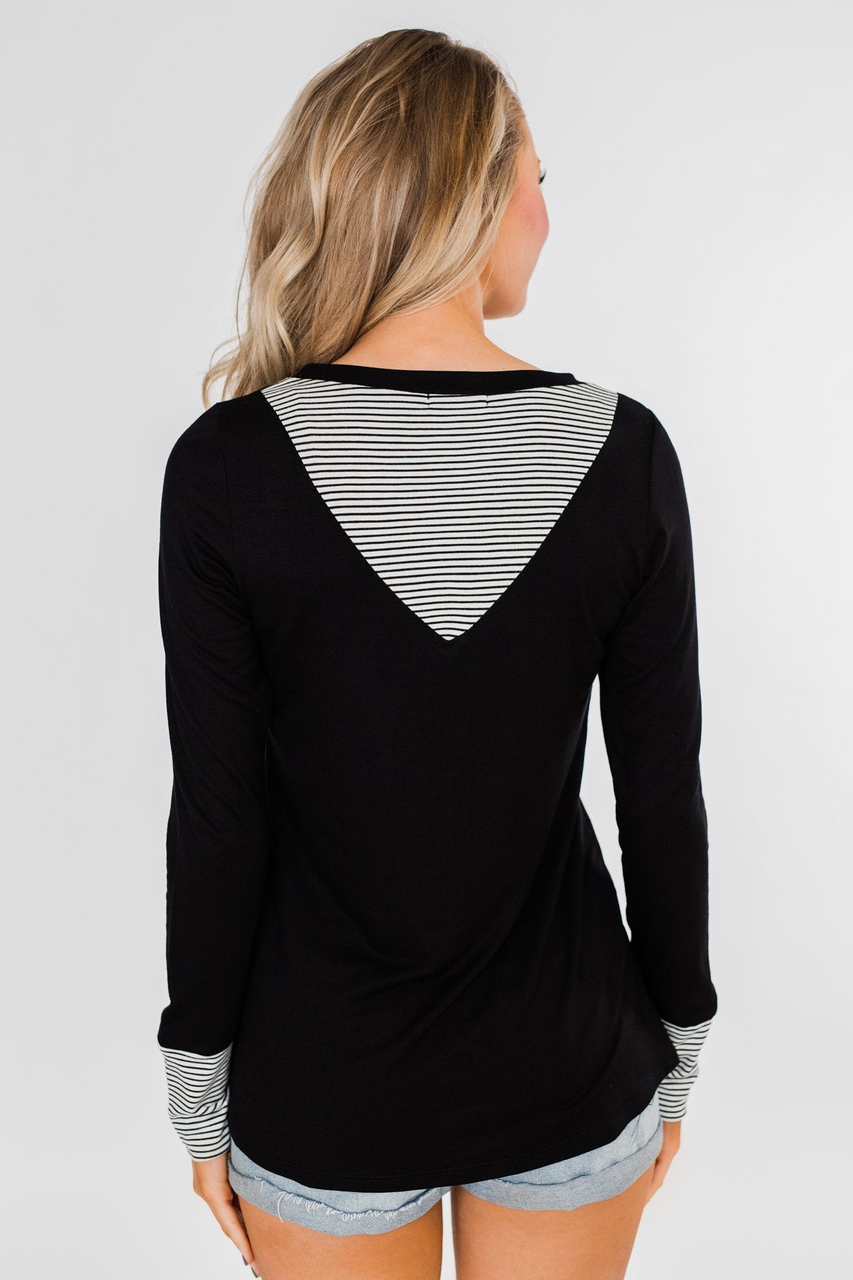 Special to Me Striped Detail Long Sleeve Top- Black