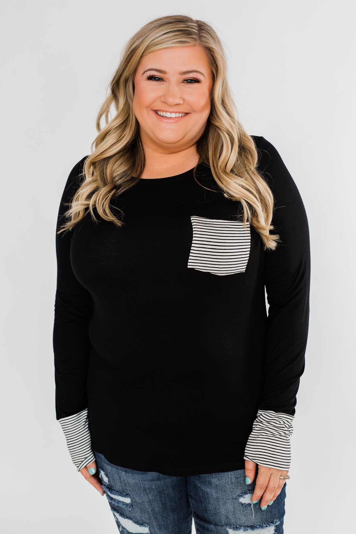 Special to Me Striped Detail Long Sleeve Top- Black