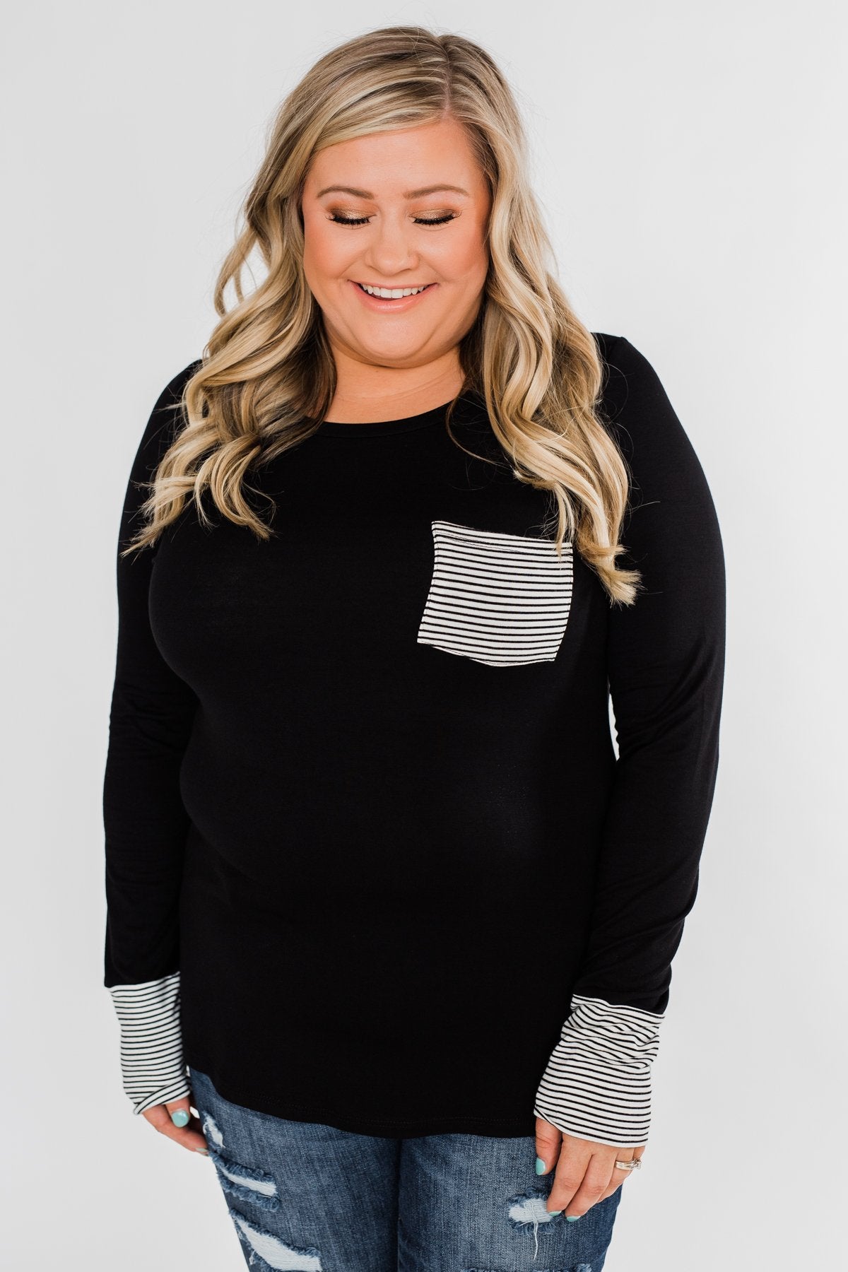 Special to Me Striped Detail Long Sleeve Top- Black