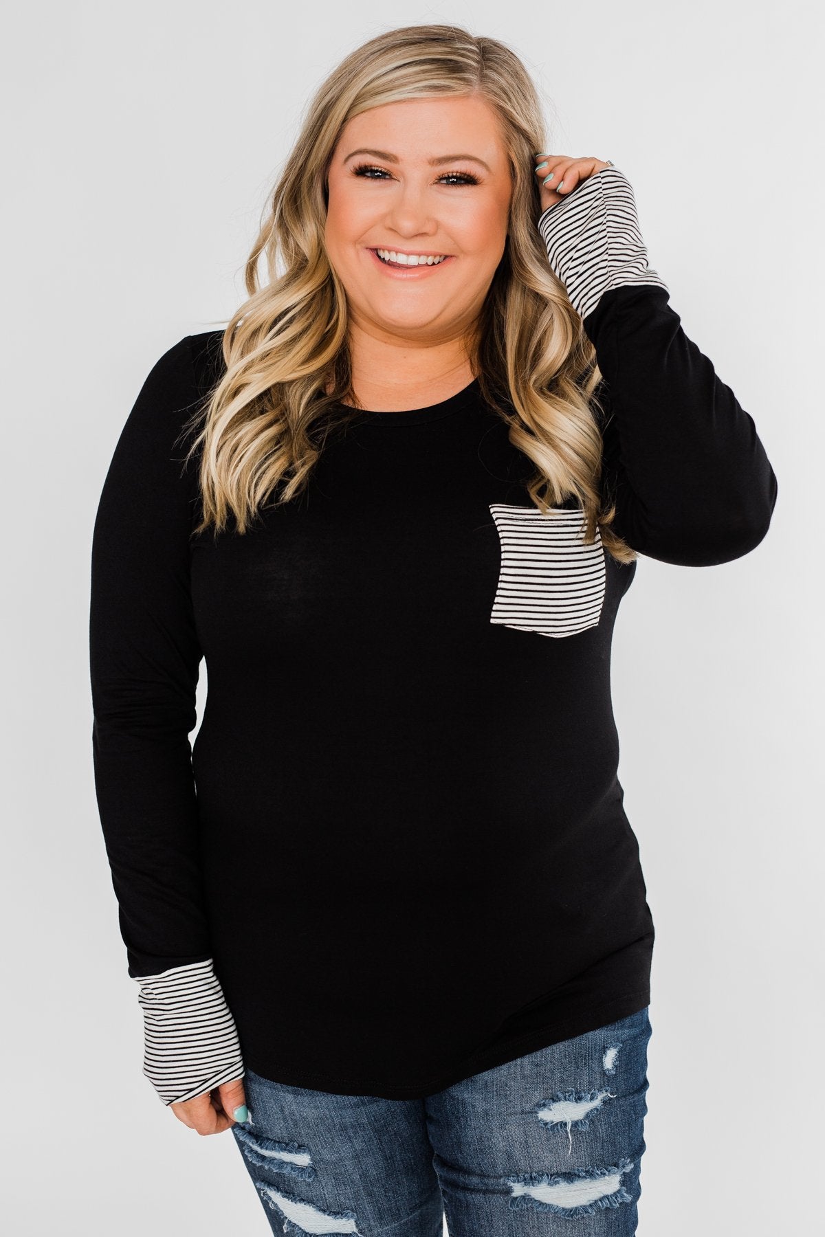 Special to Me Striped Detail Long Sleeve Top- Black