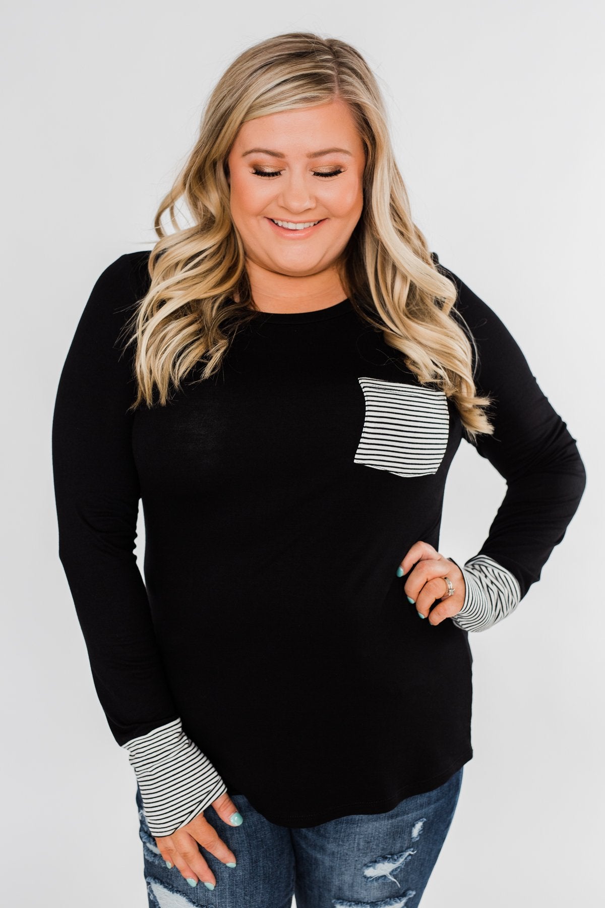 Special to Me Striped Detail Long Sleeve Top- Black