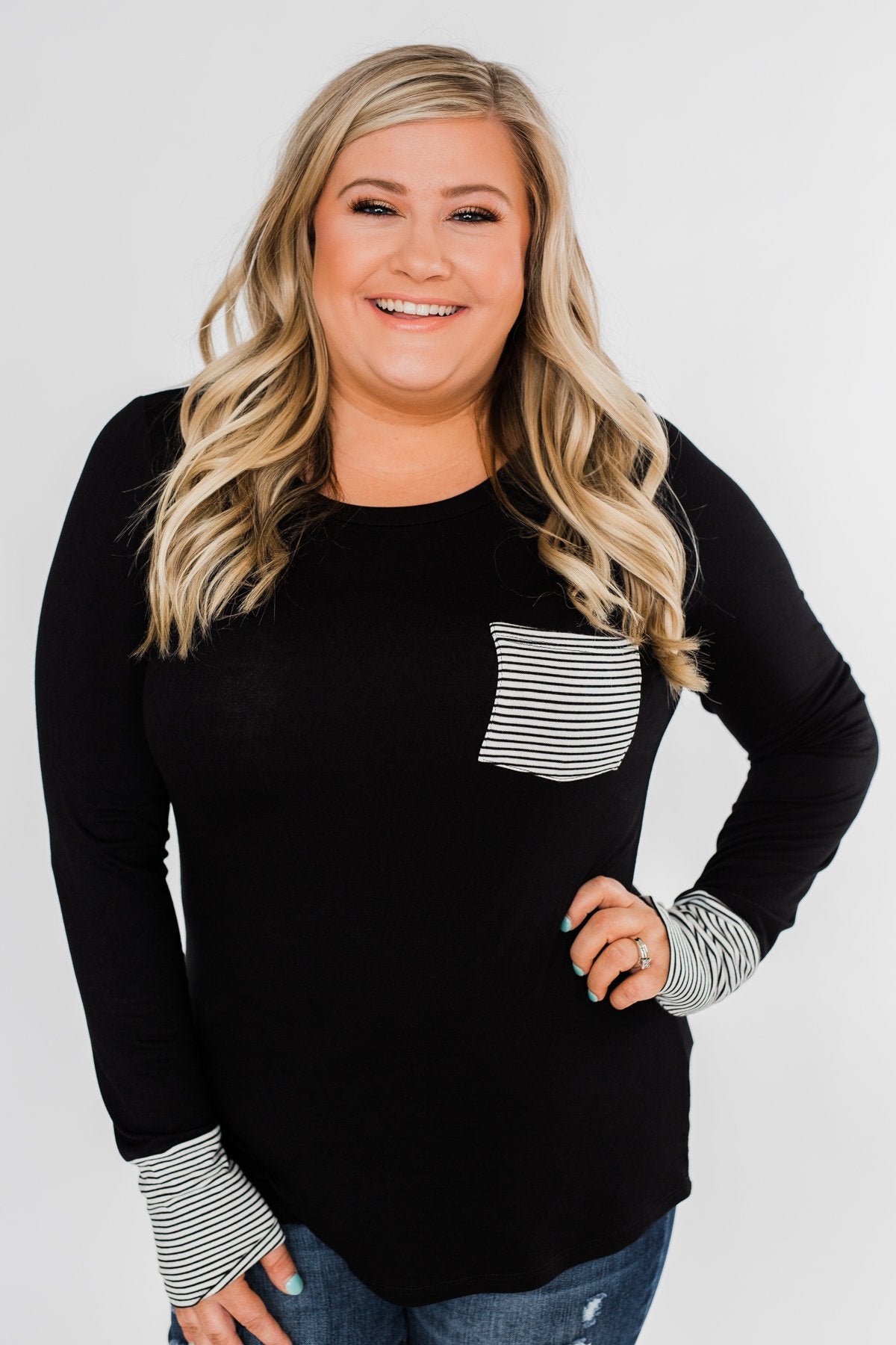 Special to Me Striped Detail Long Sleeve Top- Black