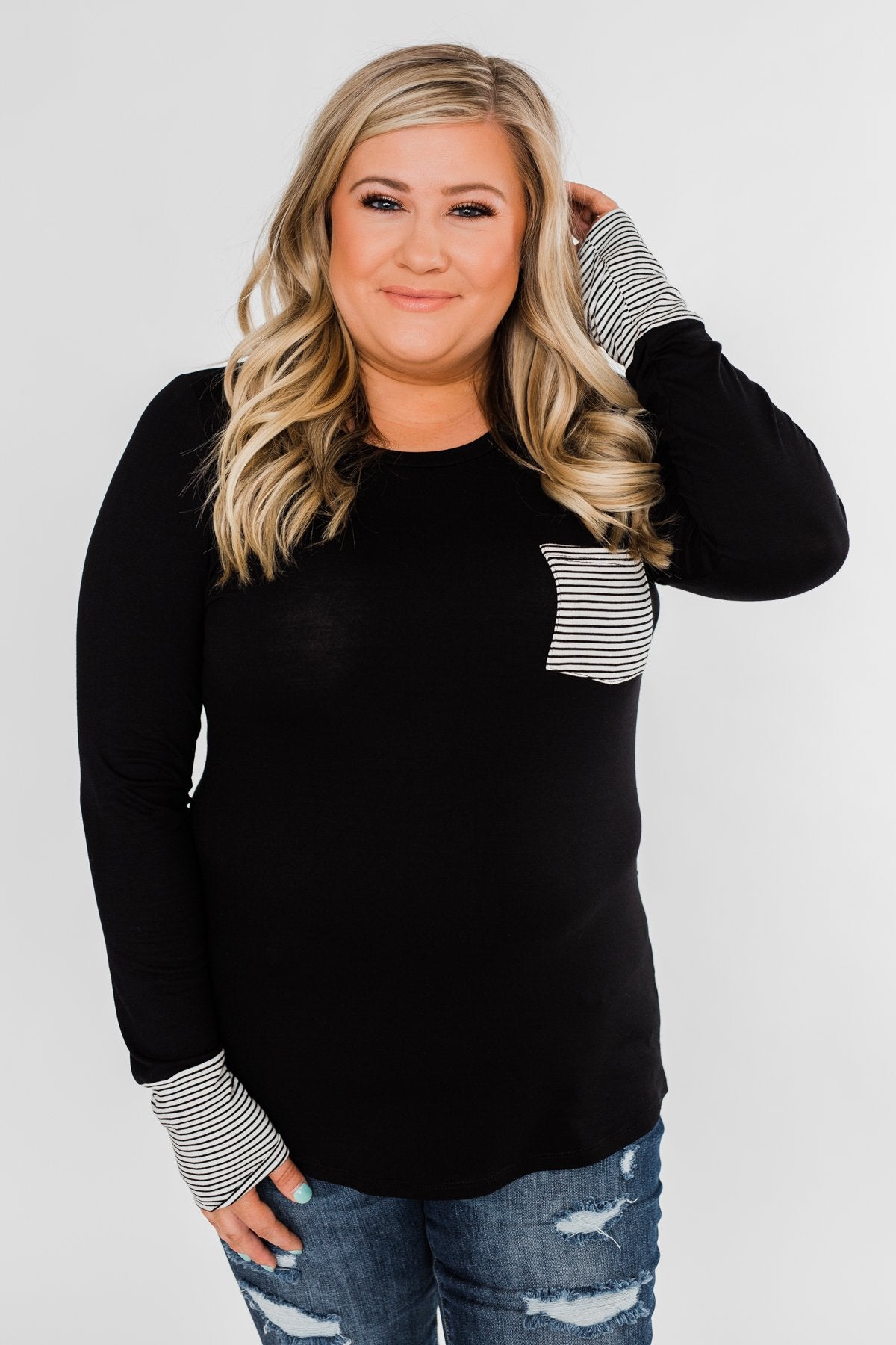 Special to Me Striped Detail Long Sleeve Top- Black