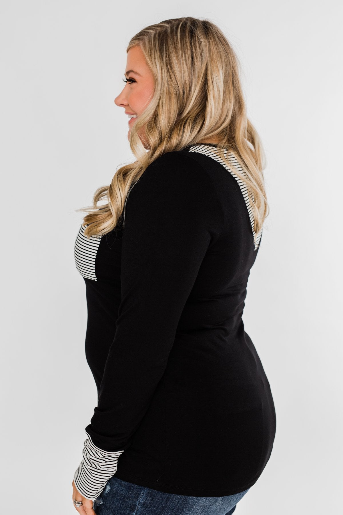 Special to Me Striped Detail Long Sleeve Top- Black