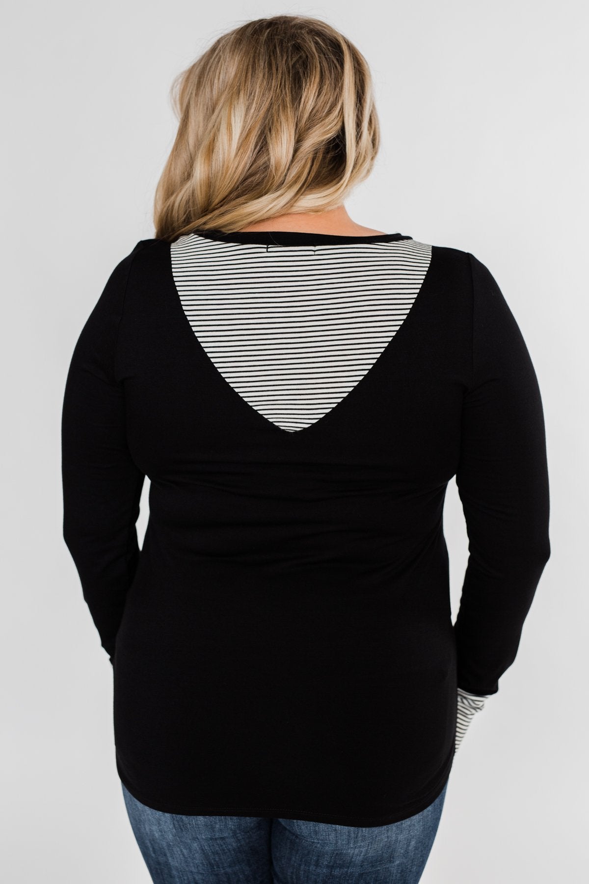 Special to Me Striped Detail Long Sleeve Top- Black