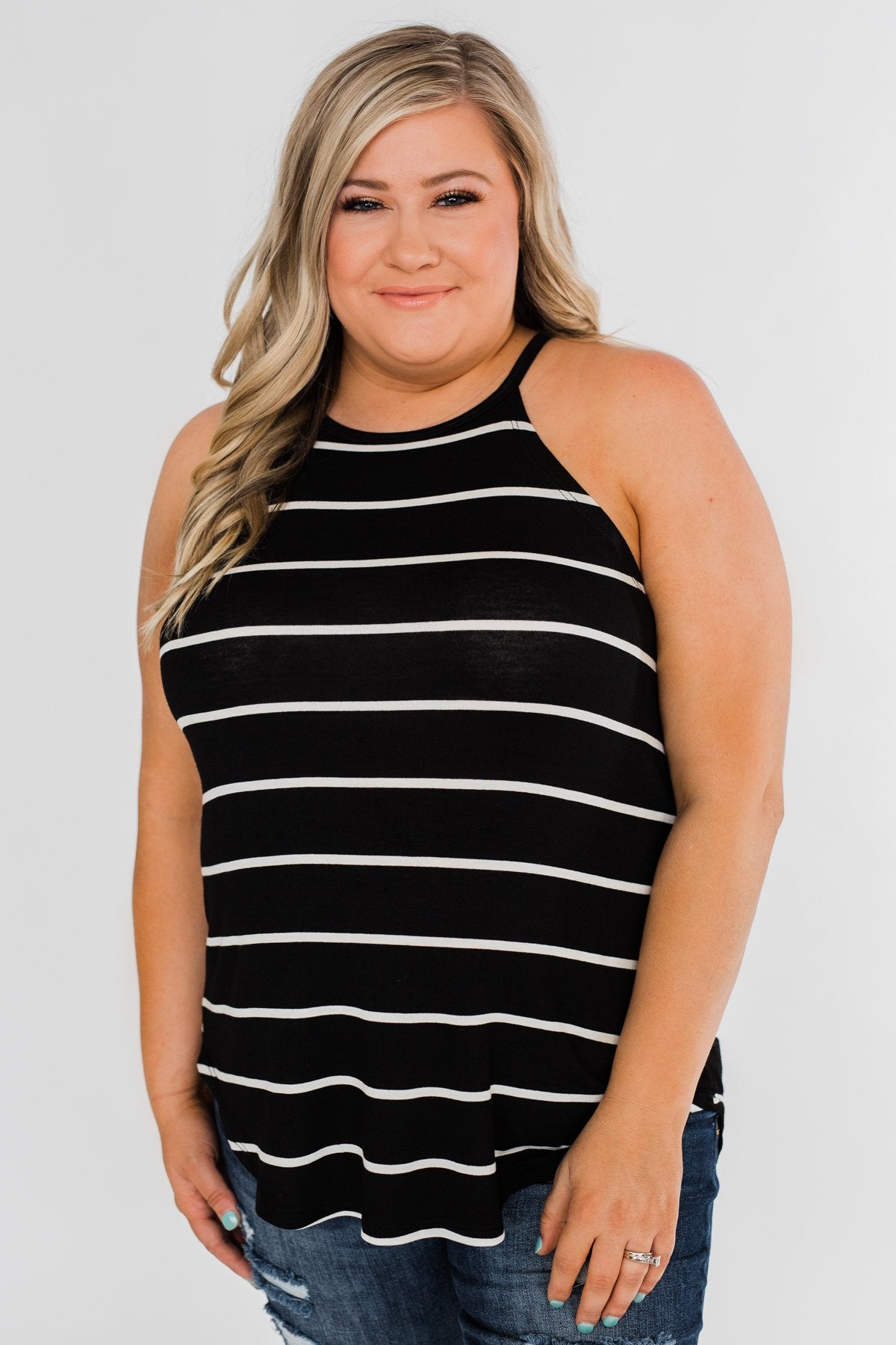 Striped Halter Tank Top- Black
