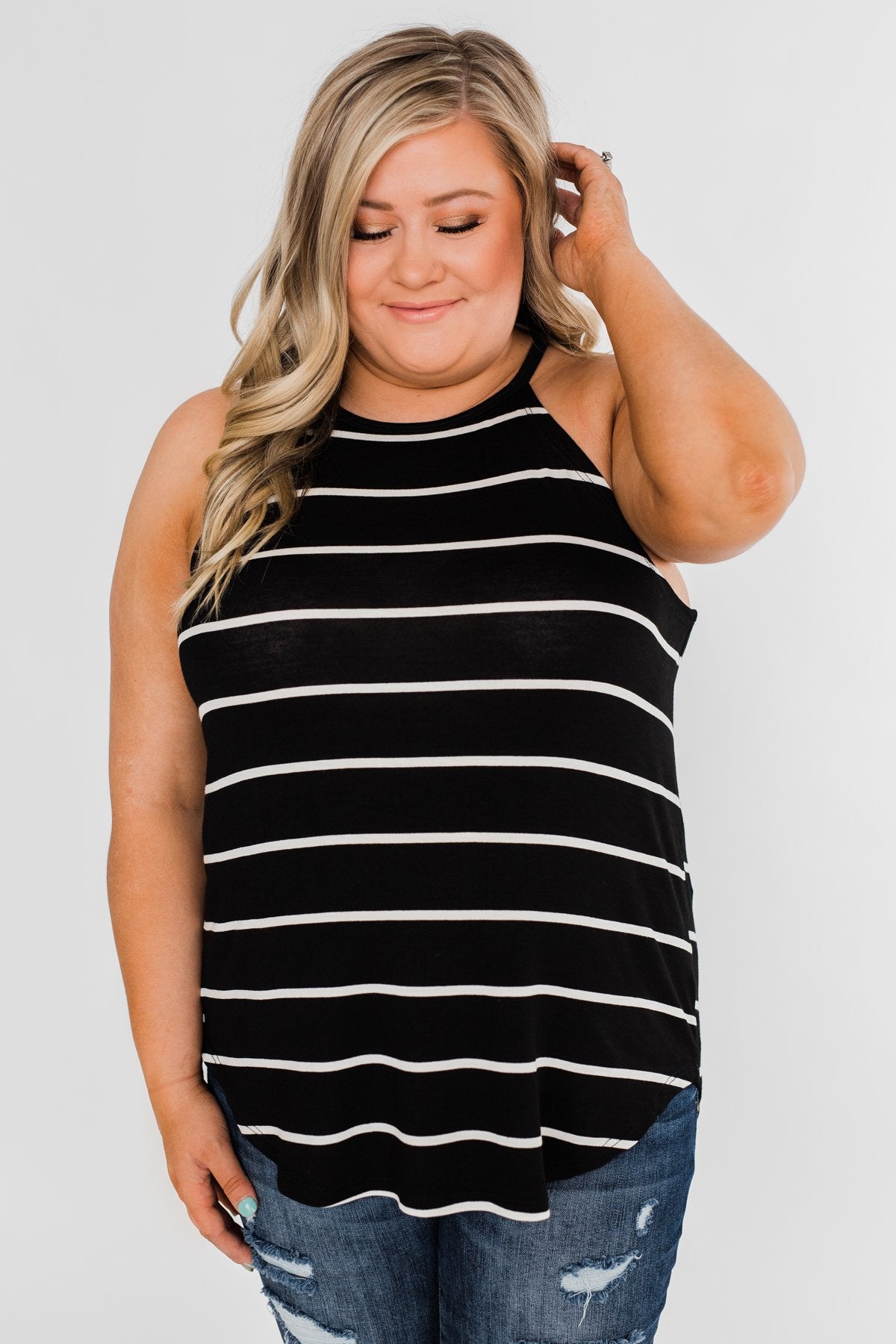 Striped Halter Tank Top- Black
