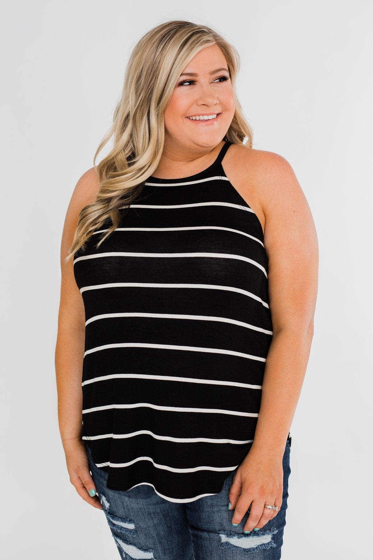 Striped Halter Tank Top- Black