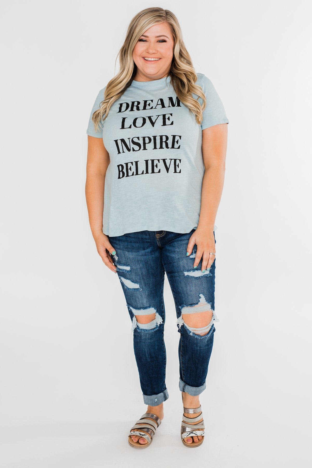 Dream, Love, Inspire, Believe Graphic Tee- Powder Blue