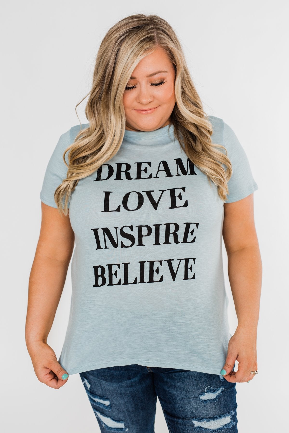 Dream, Love, Inspire, Believe Graphic Tee- Powder Blue