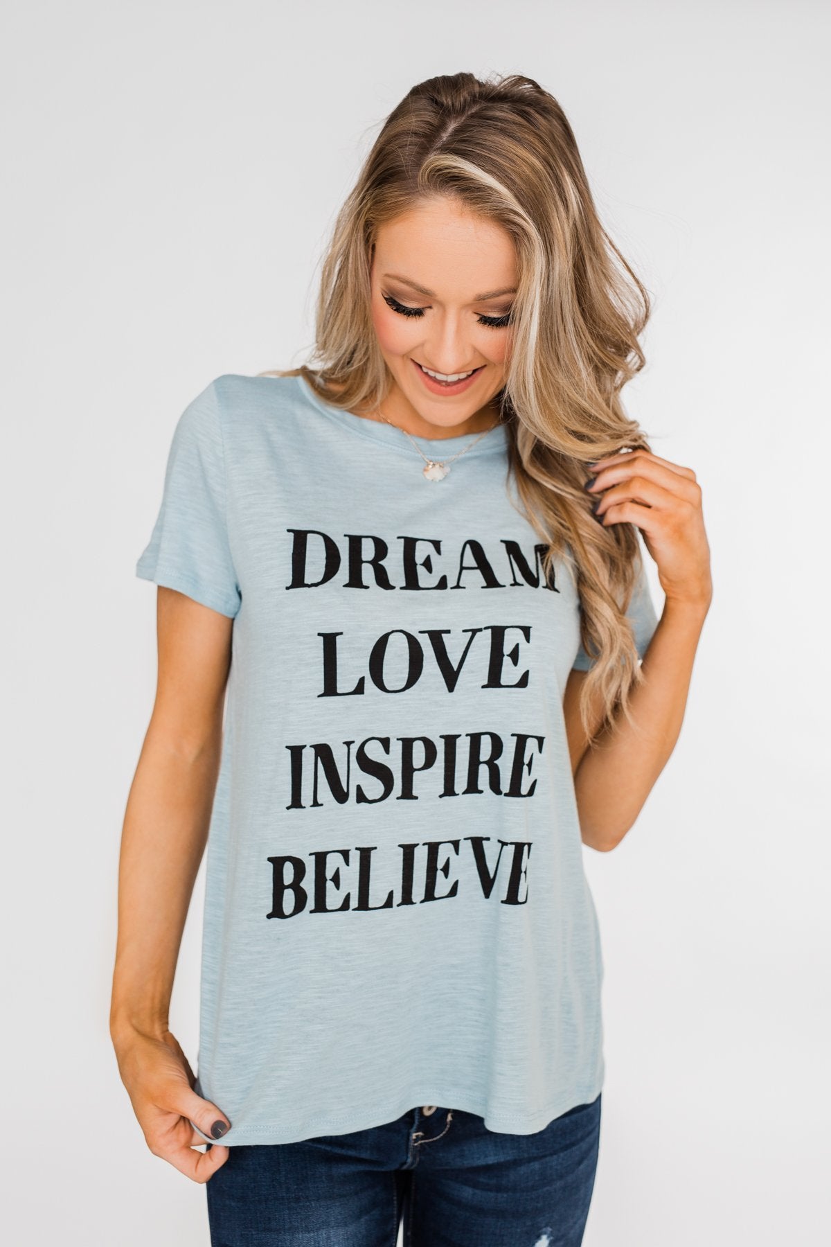 Dream, Love, Inspire, Believe Graphic Tee- Powder Blue