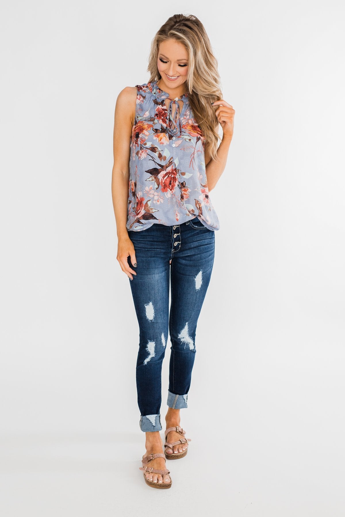 I'll Be There Floral Neck Tie Tank Top- Light Steel Blue