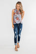 I'll Be There Floral Neck Tie Tank Top- Light Steel Blue