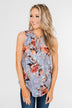 I'll Be There Floral Neck Tie Tank Top- Light Steel Blue