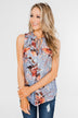 I'll Be There Floral Neck Tie Tank Top- Light Steel Blue