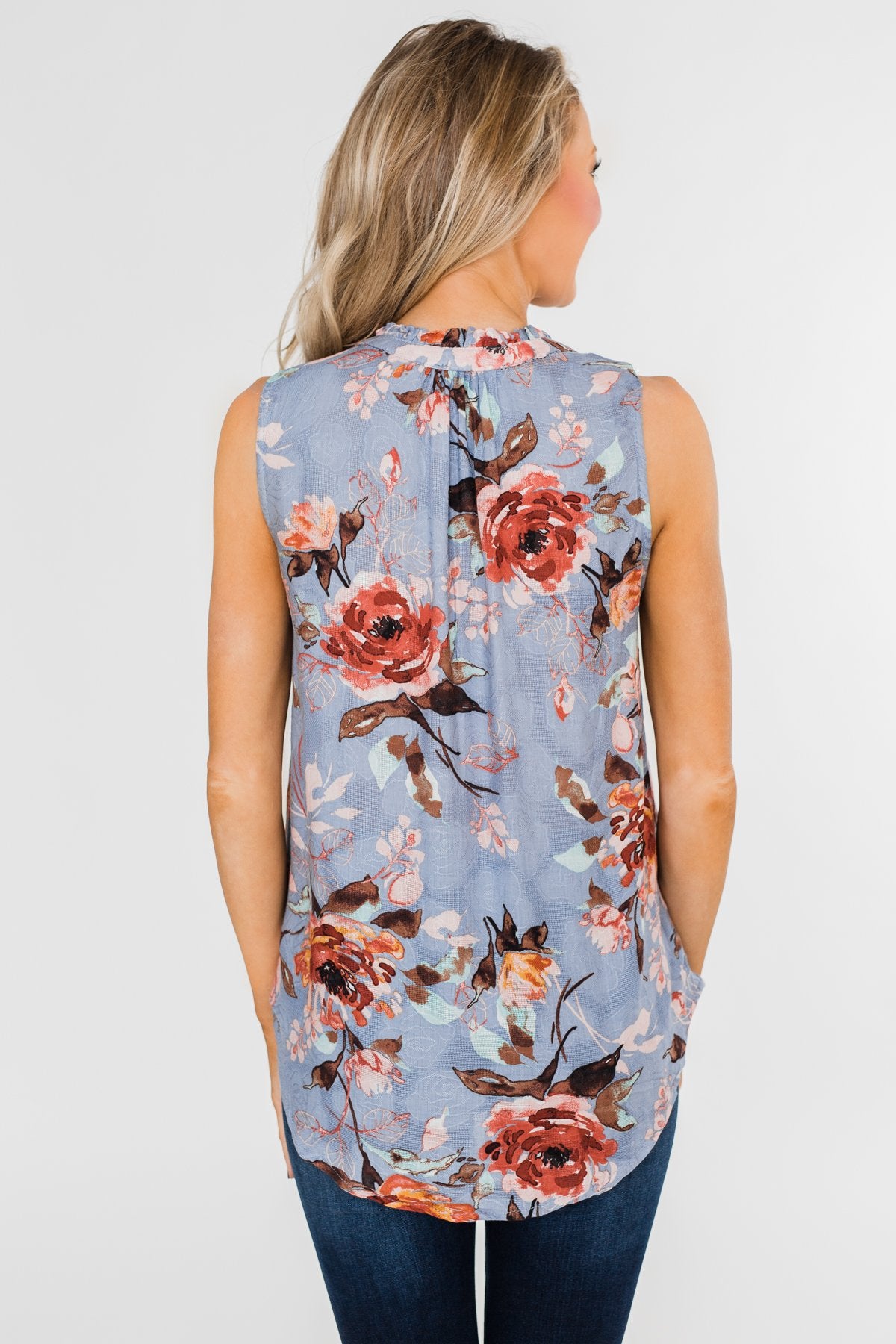 I'll Be There Floral Neck Tie Tank Top- Light Steel Blue