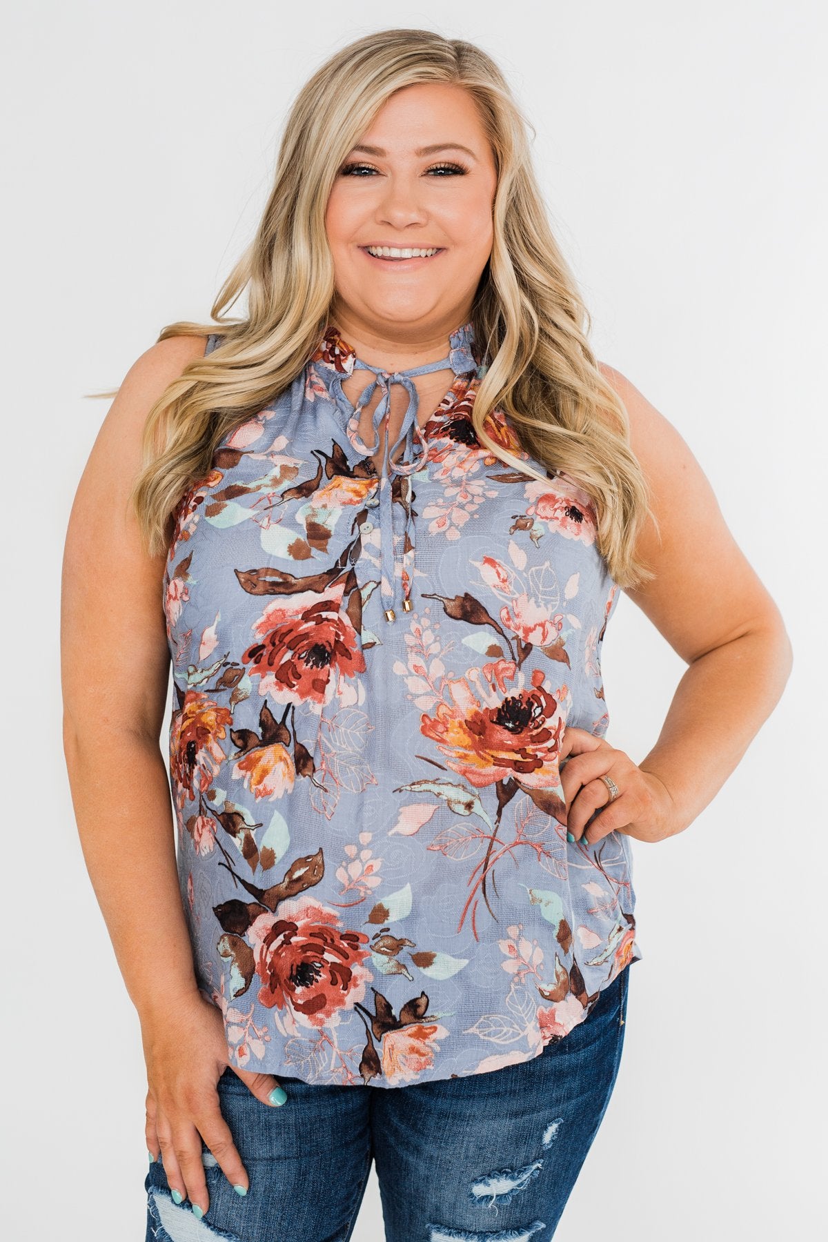 I'll Be There Floral Neck Tie Tank Top- Light Steel Blue