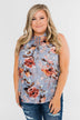 I'll Be There Floral Neck Tie Tank Top- Light Steel Blue