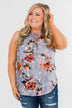 I'll Be There Floral Neck Tie Tank Top- Light Steel Blue
