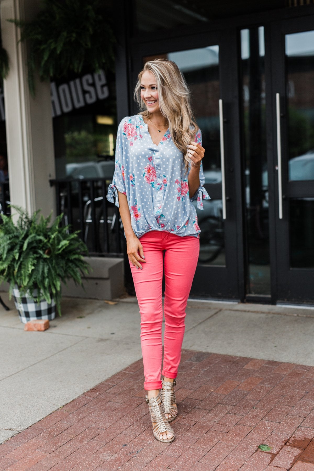 Show You Off Polka Dot & Floral Top- Powder Blue