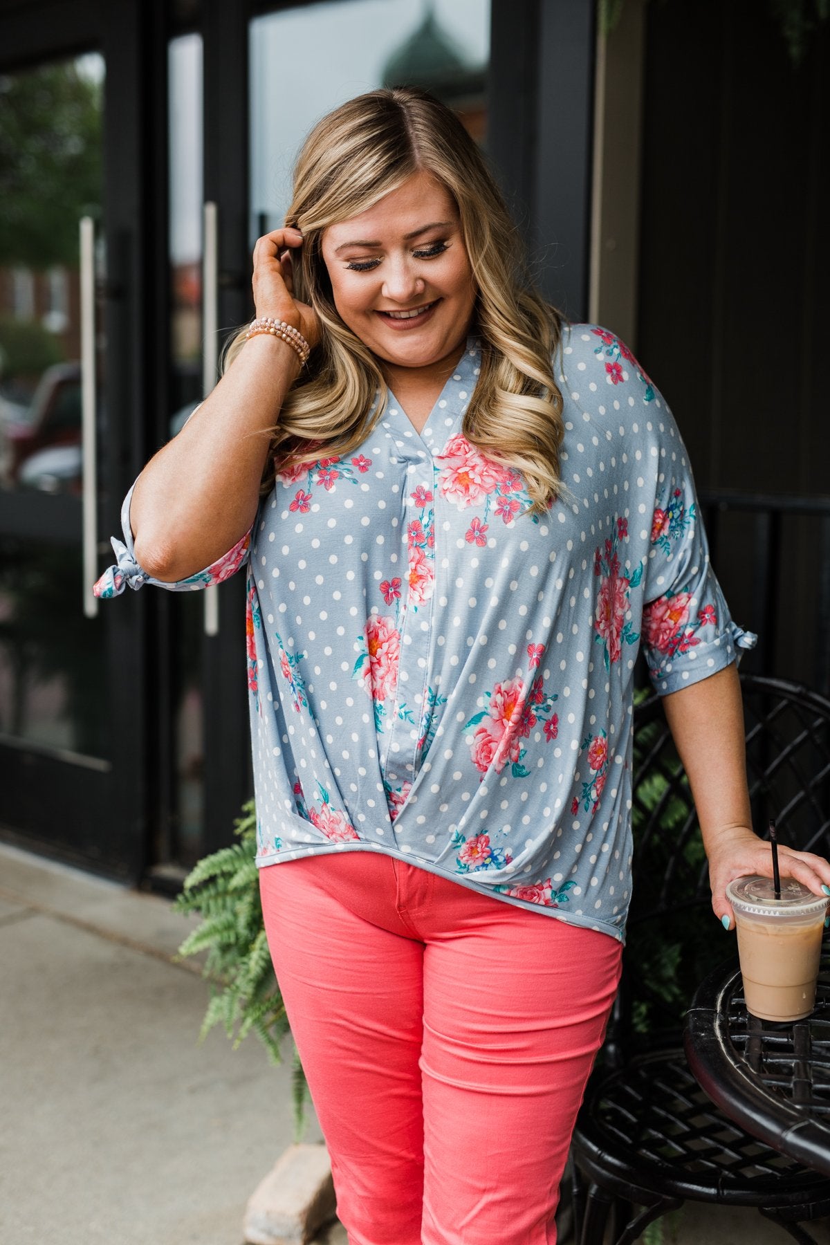 Show You Off Polka Dot & Floral Top- Powder Blue