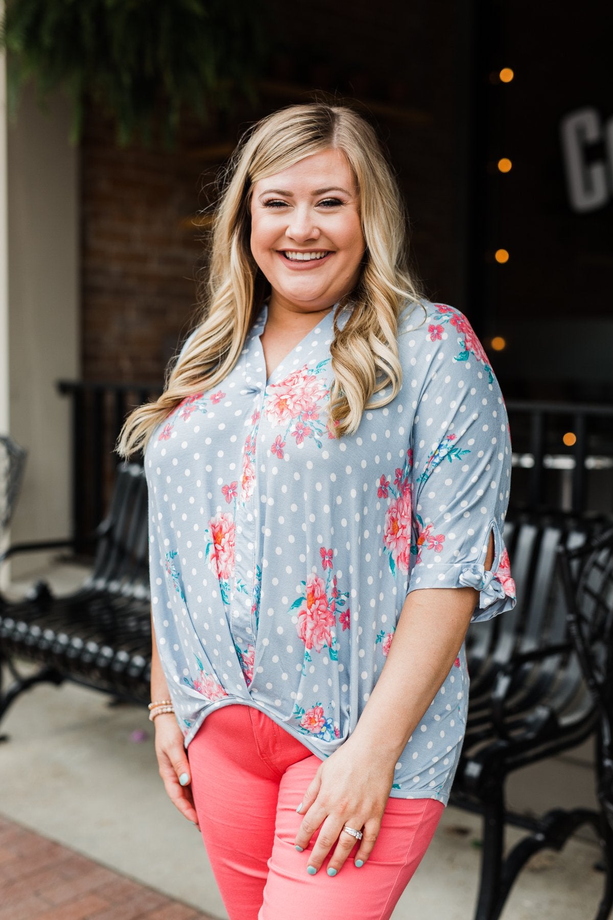Show You Off Polka Dot & Floral Top- Powder Blue